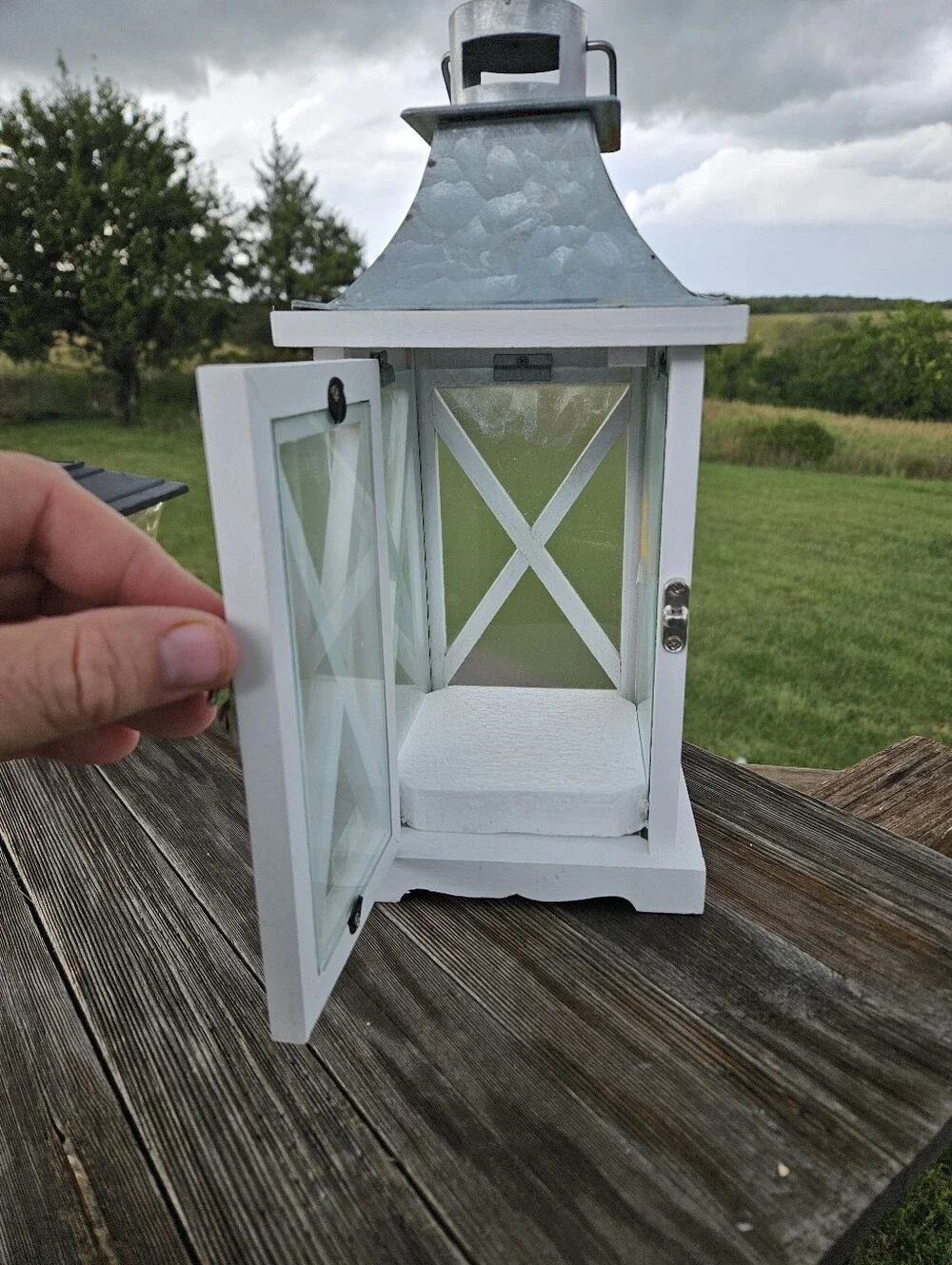 Vintage White Wood Candle Lantern Galvanized Metal Top Country Farmhouse Decor